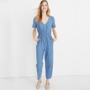 Madewell Denim Puff-Sleeve Tapered Jumpsuit Romper Jean Size 14